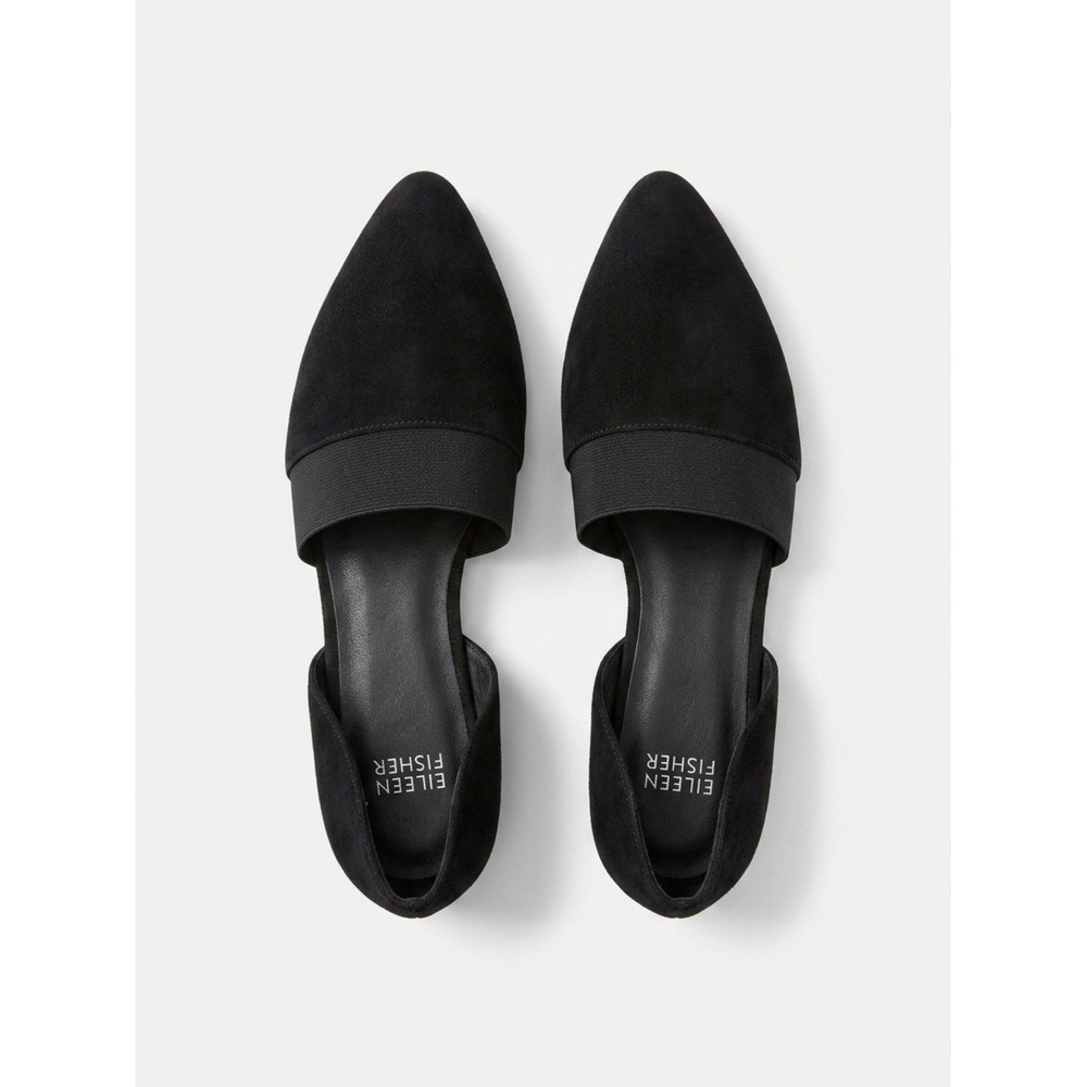 Eileen Fisher Black Suede Pointed Toe D'Orsay Elastic Strap Block Heel Pumps 7.5 - Picture 3 of 16
